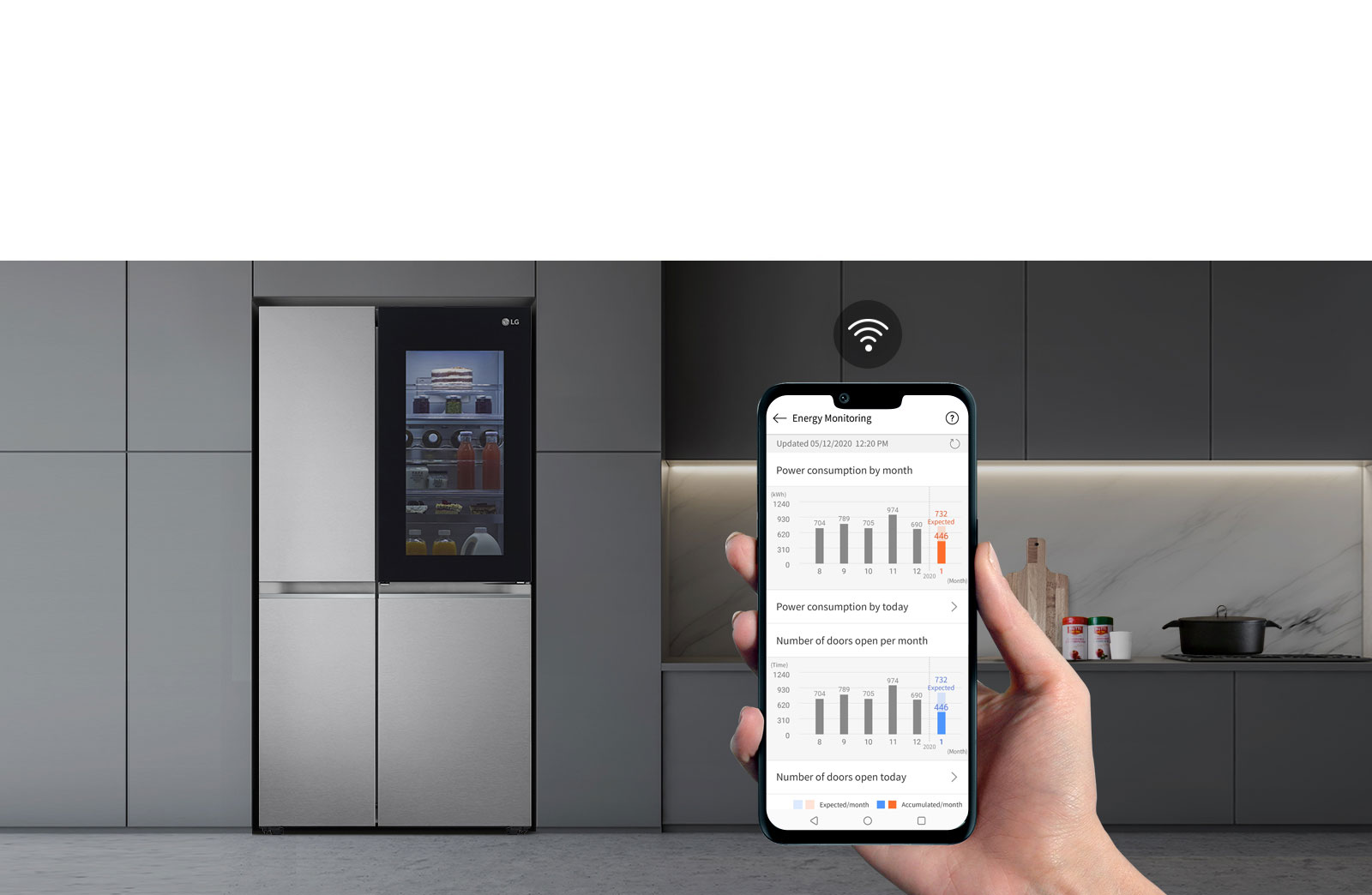 Зображено справа на передньому плану руку, що тримає смартфон, на якому видно інтерфейс моніторингу енергоспоживання в застосунку ThinQ. Позаду зображено інтер'єр кухні з холодильником ліворуч з підсвіченим віконцем InstaView Door-in-Door.