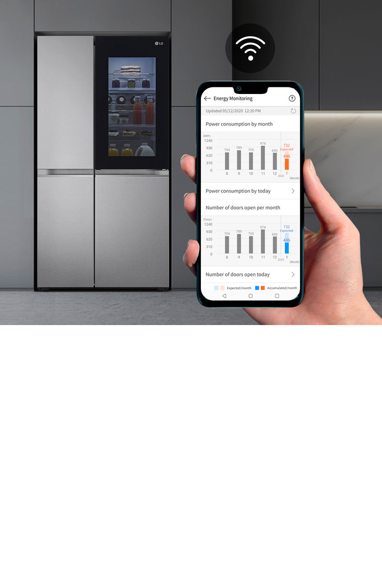 Зображено справа на передньому плану руку, що тримає смартфон, на якому видно інтерфейс моніторингу енергоспоживання в застосунку ThinQ. Позаду зображено інтер'єр кухні з холодильником ліворуч з підсвіченим віконцем InstaView Door-in-Door.