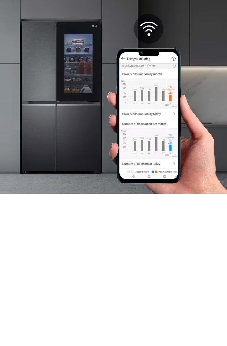 Зображено справа на передньому плану руку, що тримає смартфон, на якому видно інтерфейс моніторингу енергоспоживання в застосунку ThinQ. Позаду зображено інтер'єр кухні з холодильником ліворуч з підсвіченим віконцем InstaView Door-in-Door.