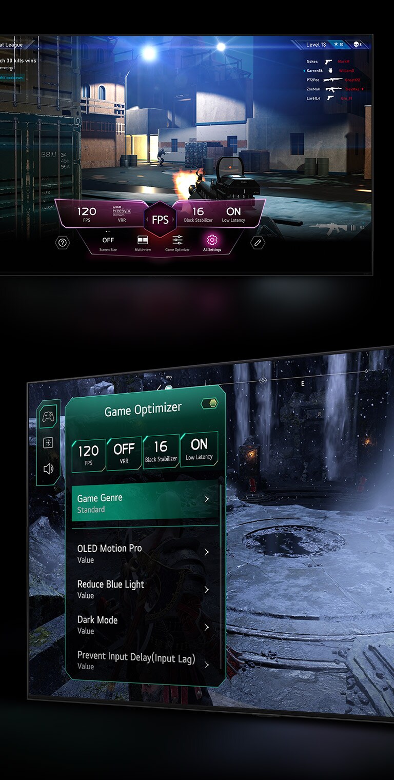 Ігрова сцена з FPS з інформаційною панеллю гри, яка з’являється на екрані під час ігрового процесу. Темна зимова сцена з меню оптимізатора гри, яке з’являється поверх гри. 