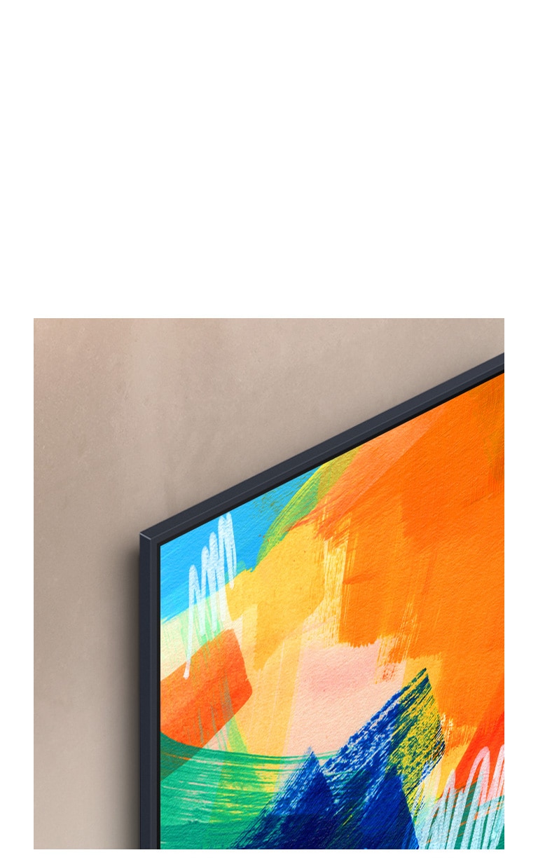 Верхній лівий кут телевізора LG, на якому зображений різнокольоровий витвір мистецтва, а сам телевізор встановлено на стіні з ледь помітною щілиною.