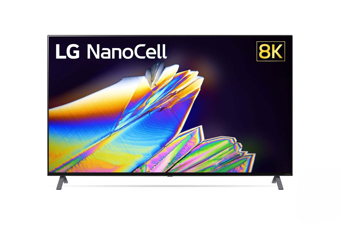 LG Телевізор LG NanoCell 55NANO956NA з технологією Real 8K та штучним інтелектом ThinQ, вид спереду із заливним зображенням та логотипом, 55NANO956NA