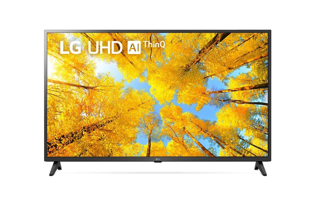 LG Телевізор LG UQ75 | 43 дюйми | 4K | 2022, Вид телевізора LG UHD спереду з показаним зображенням і логотипом продукту, 43UQ75006LF