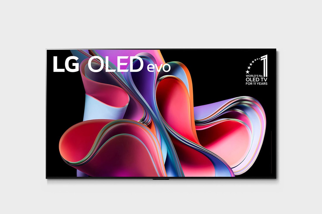 LG Телевізор LG OLED evo G3 | 55 дюймів | 4K | 2023, Огляд телевізора LG OLED evo спереду з емблемою «Найкращий OLED-телевізор у світі протягом 11 років» і логотипом «5 років гарантії на панель» на екрані, OLED55G36LA