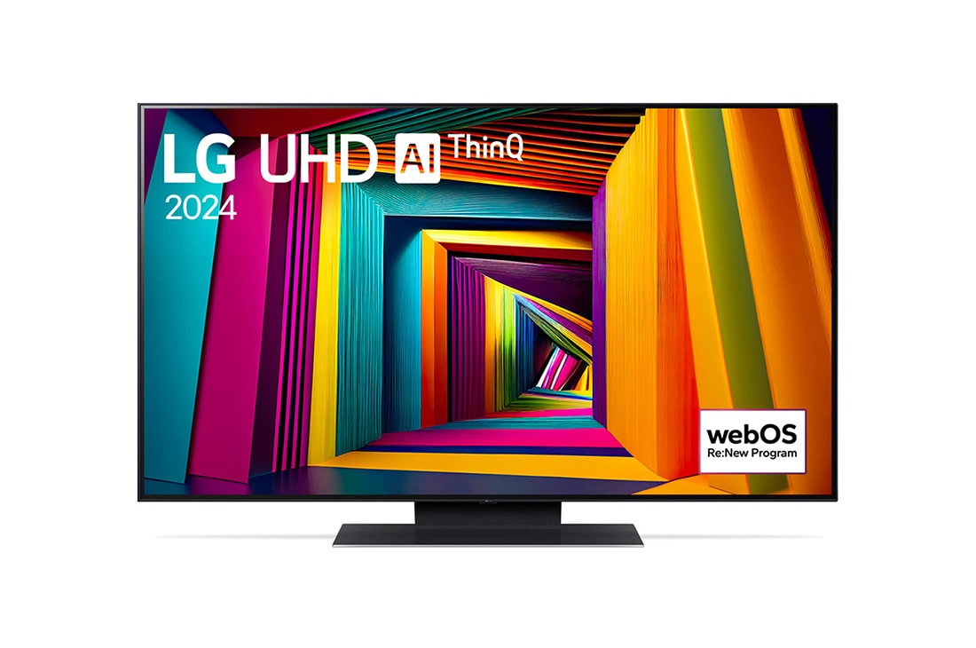 LG Телевізор LG UHD UT91 | 43  дюйми | 4K | 2024, Вигляд спереду телевізора LG UHD TV, UT91 із текстом LG UHD AI ThinQ, 2024 та логотипом Re:New Program webOS на екрані, 43UT91006LA