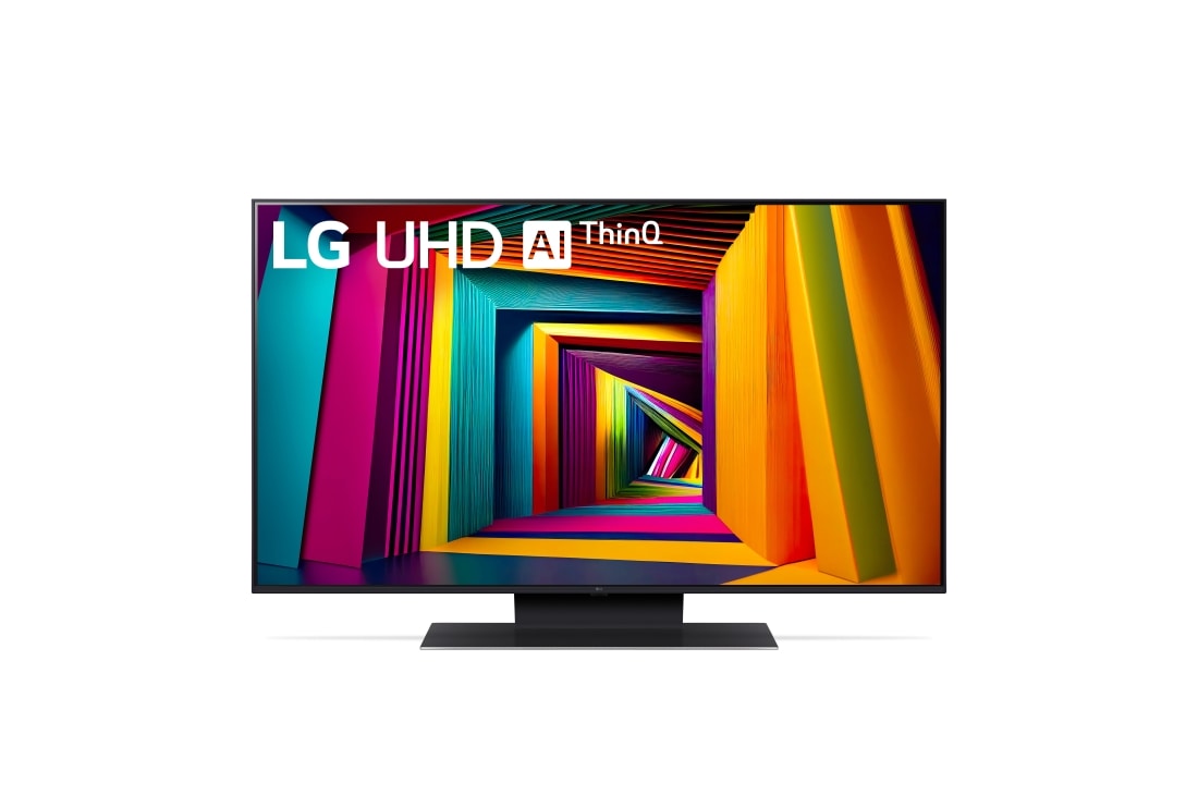 LG Телевізор LG UHD AI UT91 | 43  дюйми | 4K | 2024, Вигляд спереду телевізора LG UHD TV, UT91 із текстом LG UHD AI ThinQ, 2024 та логотипом Re:New Program webOS на екрані, 43UT91006LA