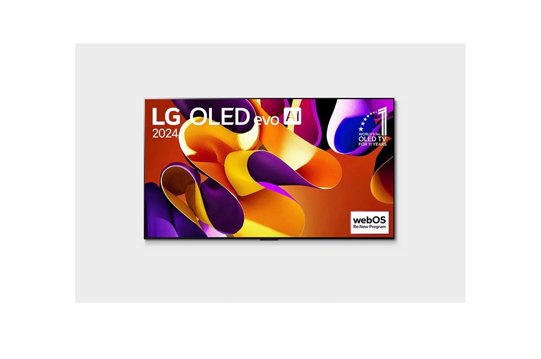 LG Телевізор LG OLED evo AI G4 | 65  дюймів | 4K | 2024, Телевізор LG OLED evo AI TV, OLED G4, емблема 11 Years of world number 1 OLED, логотип webOS Re:New Program і логотип 5-річної гарантії на панель на екрані, а також Soundbar унизу, вигляд спереду, OLED65G45LW