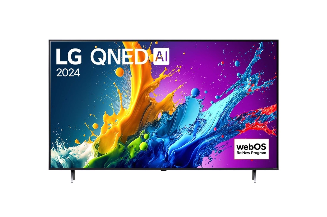 LG Телевізор LG AI QNED 80 | 86  дюймів | 4K | 2024, Вигляд спереду телевізора LG QNED TV, QNED80 із текстом LG QNED, 2024 та логотипом Re:New Program webOS на екрані, 86QNED80T6A