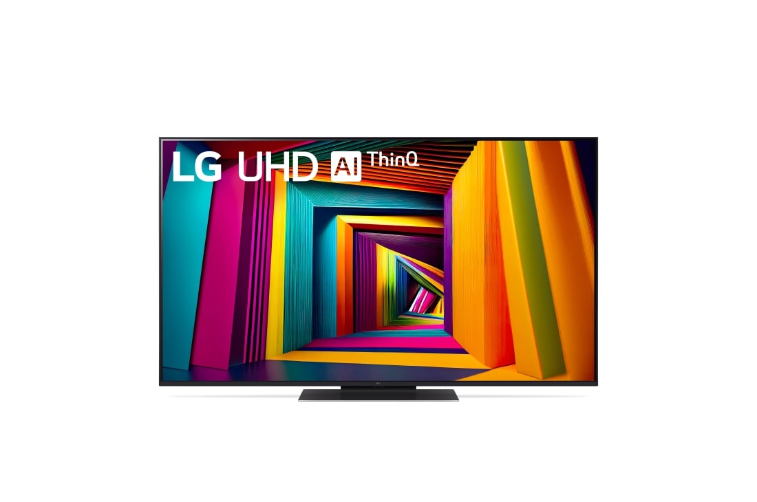 LG Телевізор LG UHD AI UT91 | 55  дюймів | 4K | 2024, Вигляд спереду телевізора LG UHD TV, UT91 із текстом LG UHD AI ThinQ, 2024 та логотипом Re:New Program webOS на екрані, 55UT91006LA