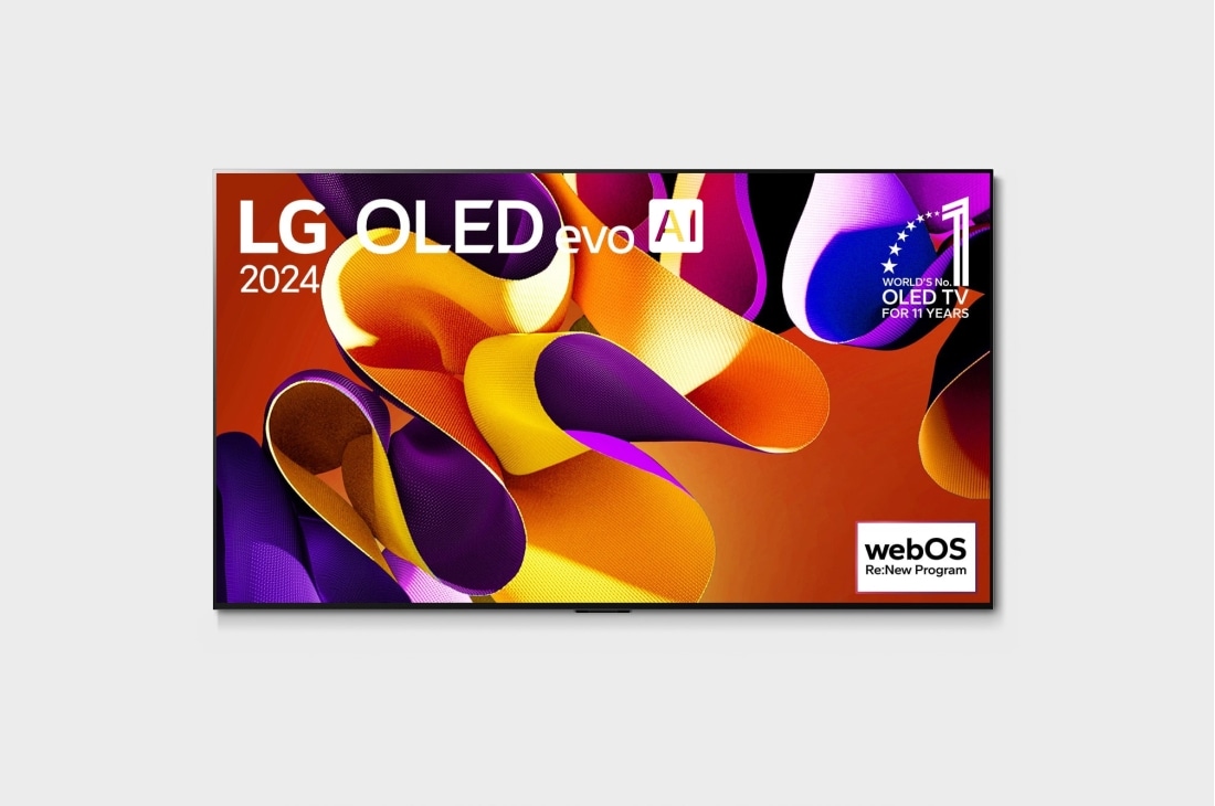 LG Телевізор LG OLED evo AI G4 | 77  дюймів | 4K | 2024, Телевізор LG OLED evo AI TV, OLED G4, емблема 11 Years of world number 1 OLED, логотип webOS Re:New Program і логотип 5-річної гарантії на панель на екрані, а також Soundbar унизу, вигляд спереду, OLED77G45LW