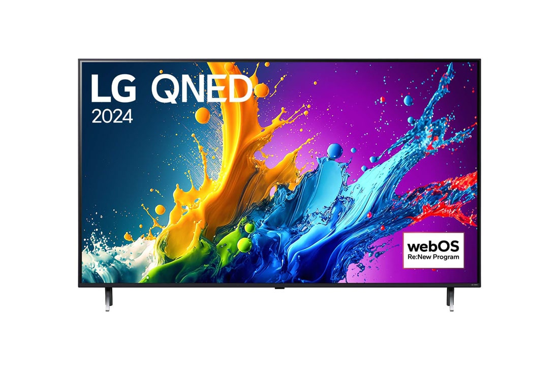 LG 55-дюймовий LG QNED80 4K Smart TV 2024, Вигляд спереду телевізора LG QNED TV, QNED80 із текстом LG QNED, 2024 та логотипом Re:New Program webOS на екрані, 55QNED80T6A