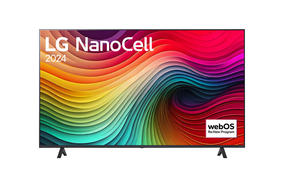 LG 65-дюймовий LG NanoCell 4K Smart TV 2024, Вигляд спереду телевізора LG NanoCell TV, NANO80 із текстом LG NanoCell, 2024 та логотипом Re:New Program webOS на екрані, 65NANO81T6A