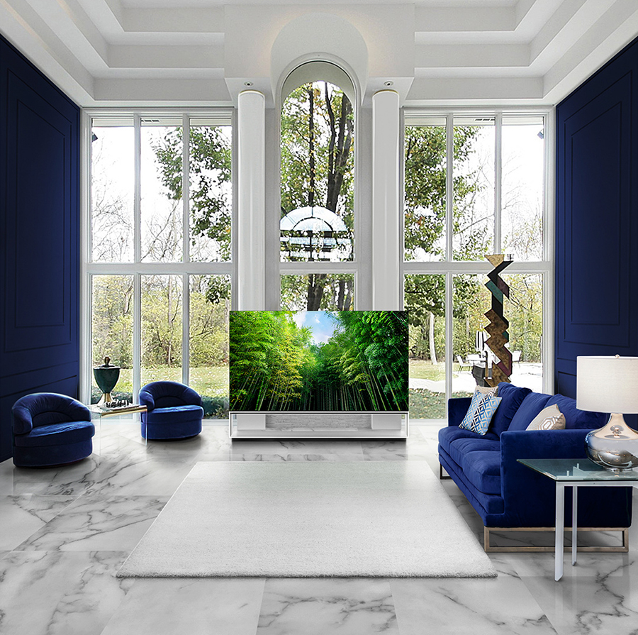 LG SIGNATURE OLED 8K TV is placed on the center of living room, which is decorated by the color of classic blue and white marble.