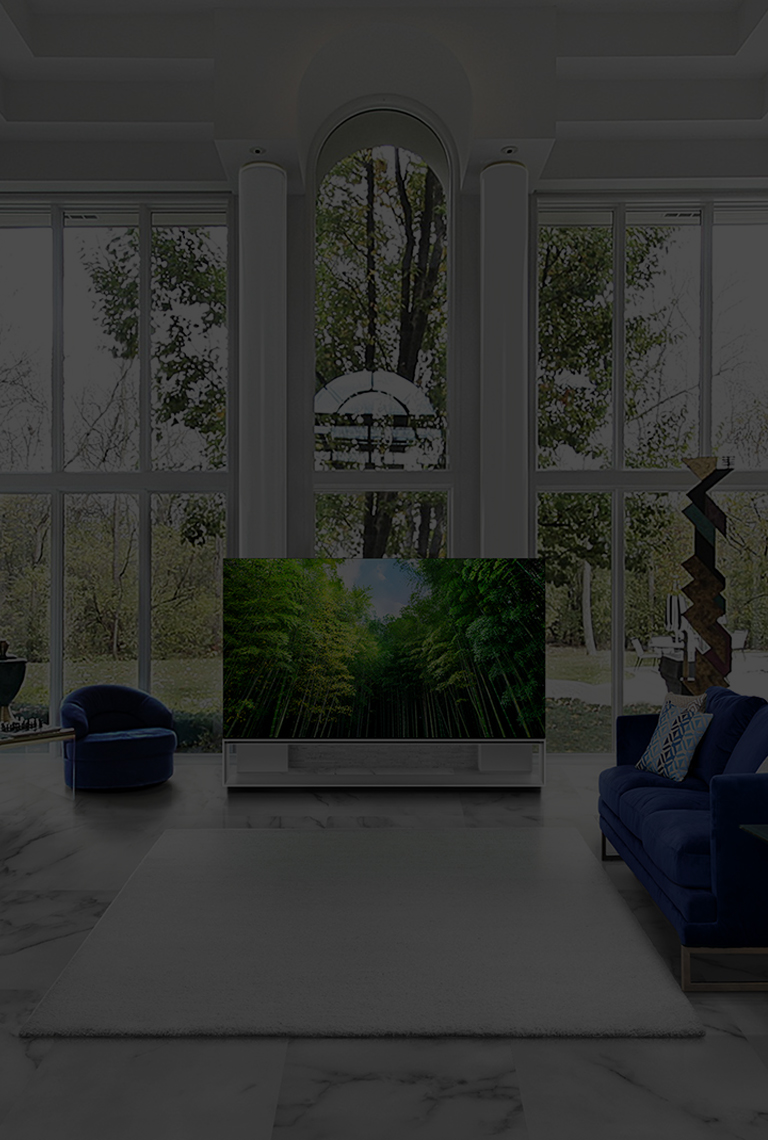 LG SIGNATURE OLED 8K TV is placed on the center of living room, which is decorated by the color of classic blue and white marble.