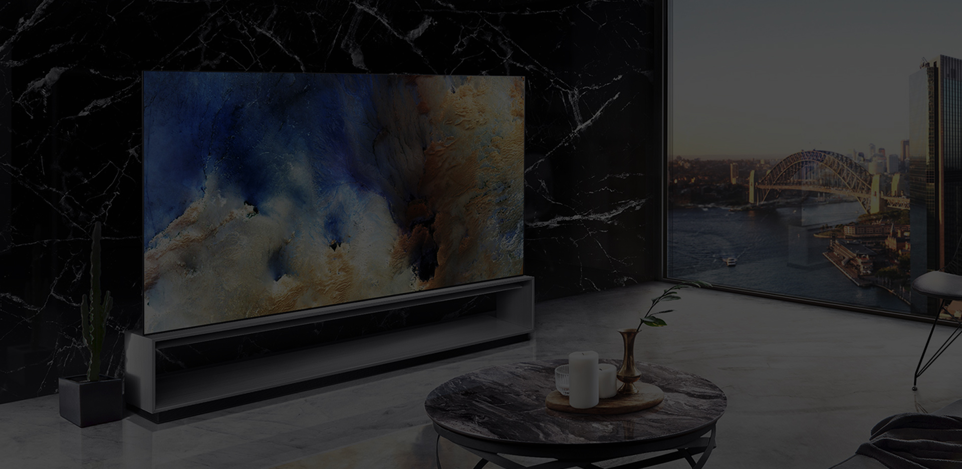 LG SIGNATURE OLED 8K TV is placed on the living room, which is decorated by Spanish Marquina Black Marble, with the city backdrop.