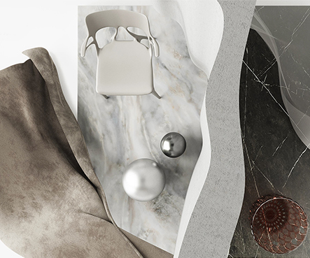 Diverse interior design materials are placed on the marble floor.