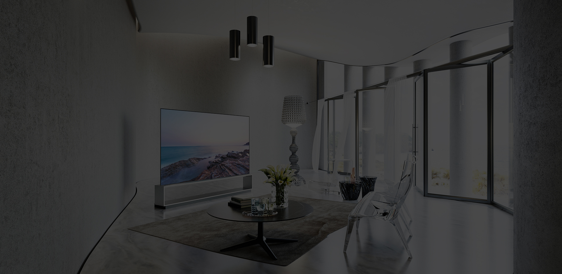 LG SIGNATURE OLED 8K ZX is placed on the modern luxury living room with Kartell's furnishing items.