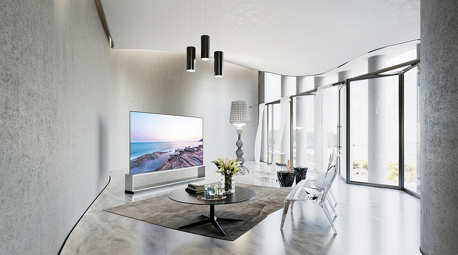 LG SIGNATURE OLED 8K ZX is placed on the modern luxury living room with Kartell's furnishing items.
