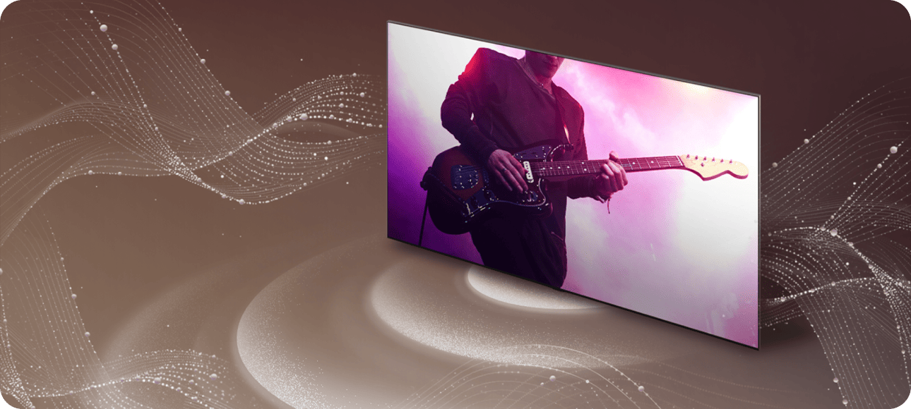 LG TV with a man playing the guitar on the screen to show surround sound.