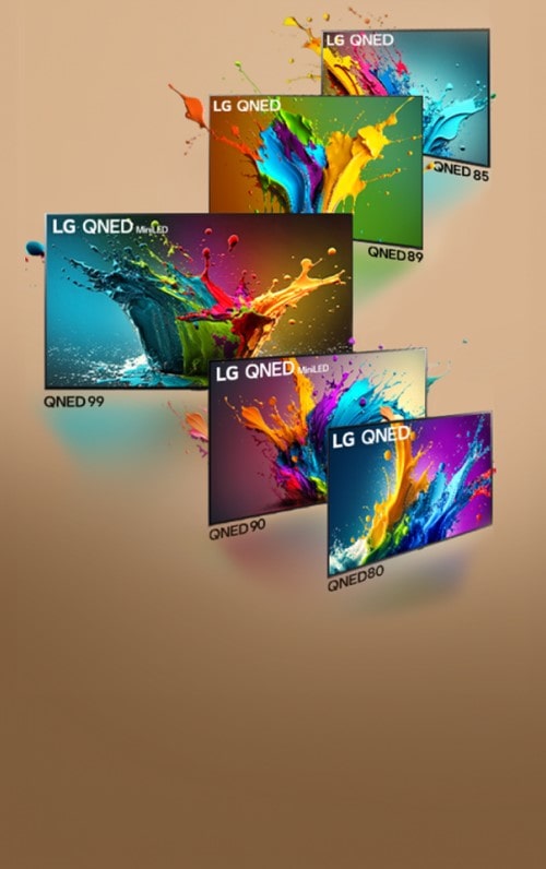 The LG QNED TV lineup showing the different sizes, including QNED 80, QNED 90, QNED 99, QNED 89, QNED 85.