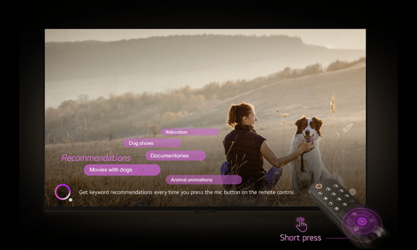 LG TV with woman and dog sitting in a field and recommendations text bubbles beside them with the following words: relaxation, dog shows, documentaries, movies with dogs, animal animations. Text below reads: Get keyword recommendations every time you press the mic button on the remote control. An LG remote control appears in the lower-right corner with a purple highlight around the mic button and a hand icon appearing to the left with text below it that reads, 'Short press'.