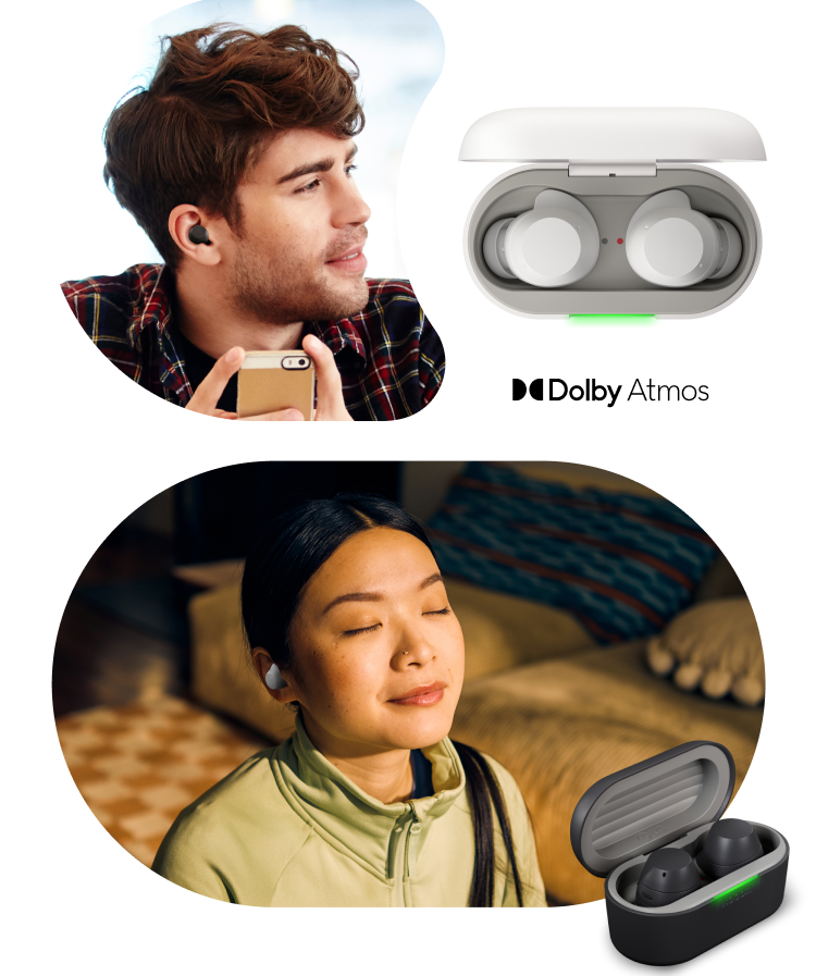 Young woman wearing LG earbuds sits on the ground looking into a smartphone and smiling. Young man wearing LG earbuds holding a smartphone looks to his right as he listens. Young woman wearing LG earbuds with her eyes closed as she listens.