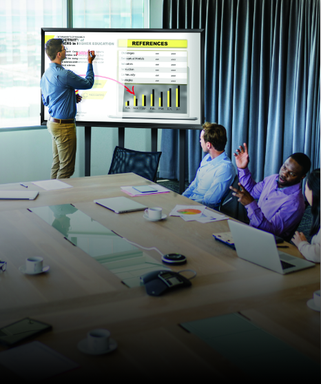 A businessman doing a presentation to clients with a wall mount PC