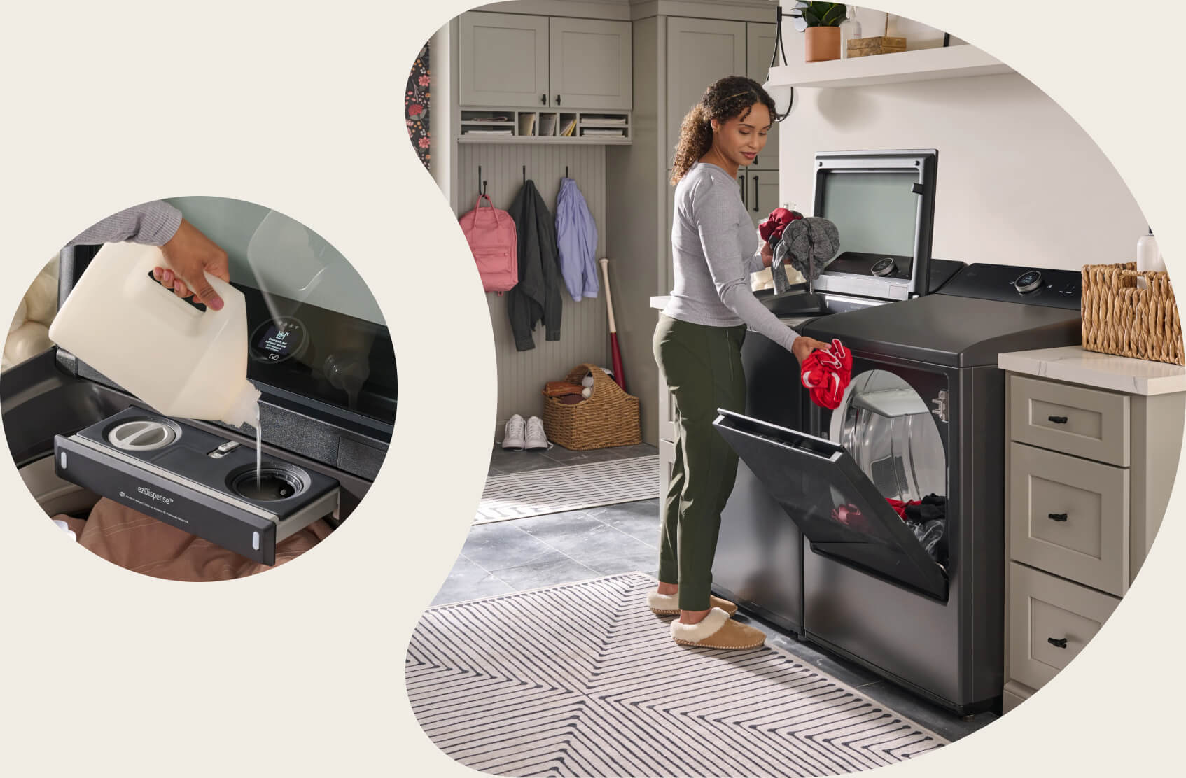 On the left, detergent is being poured into the dispenser of a top-load washer, and on the right side, a woman is in a laundry room transferring clothes from a top-load washer to a front-load dryer.