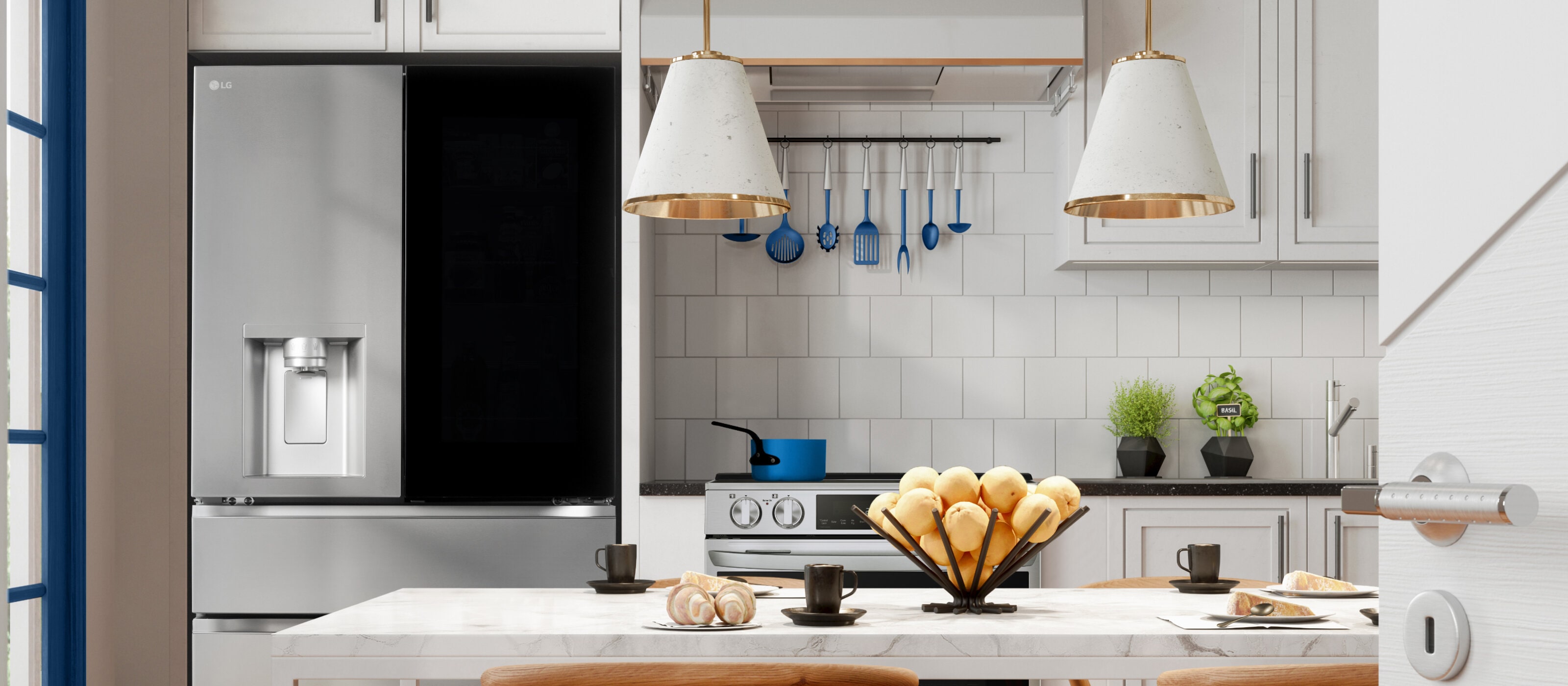 LG InstaView® MyColor™ Refrigerator view in elegant kitchen