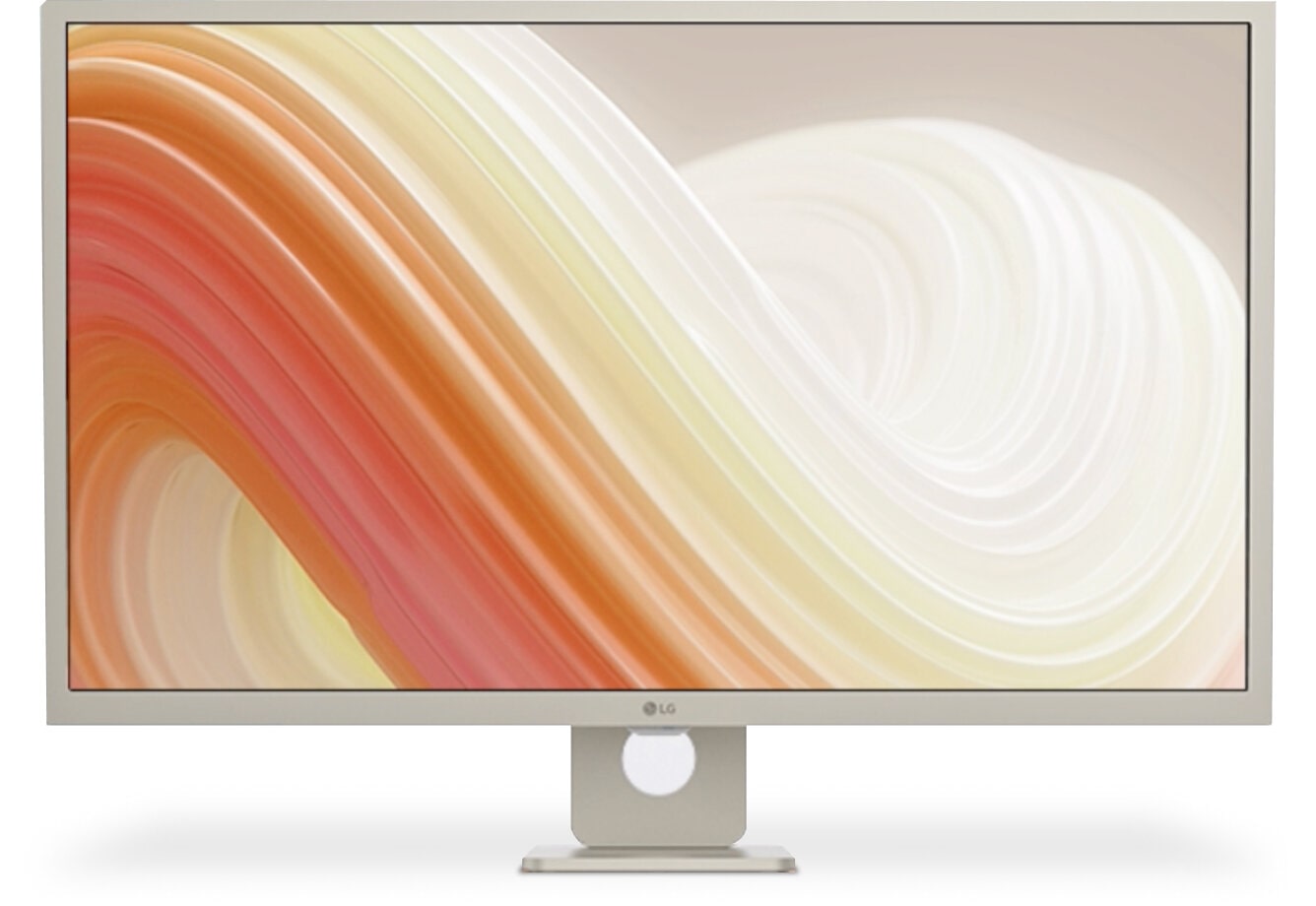 LG Smart Monitor with soft wave-inspired screen background and color selection dots beside the display.