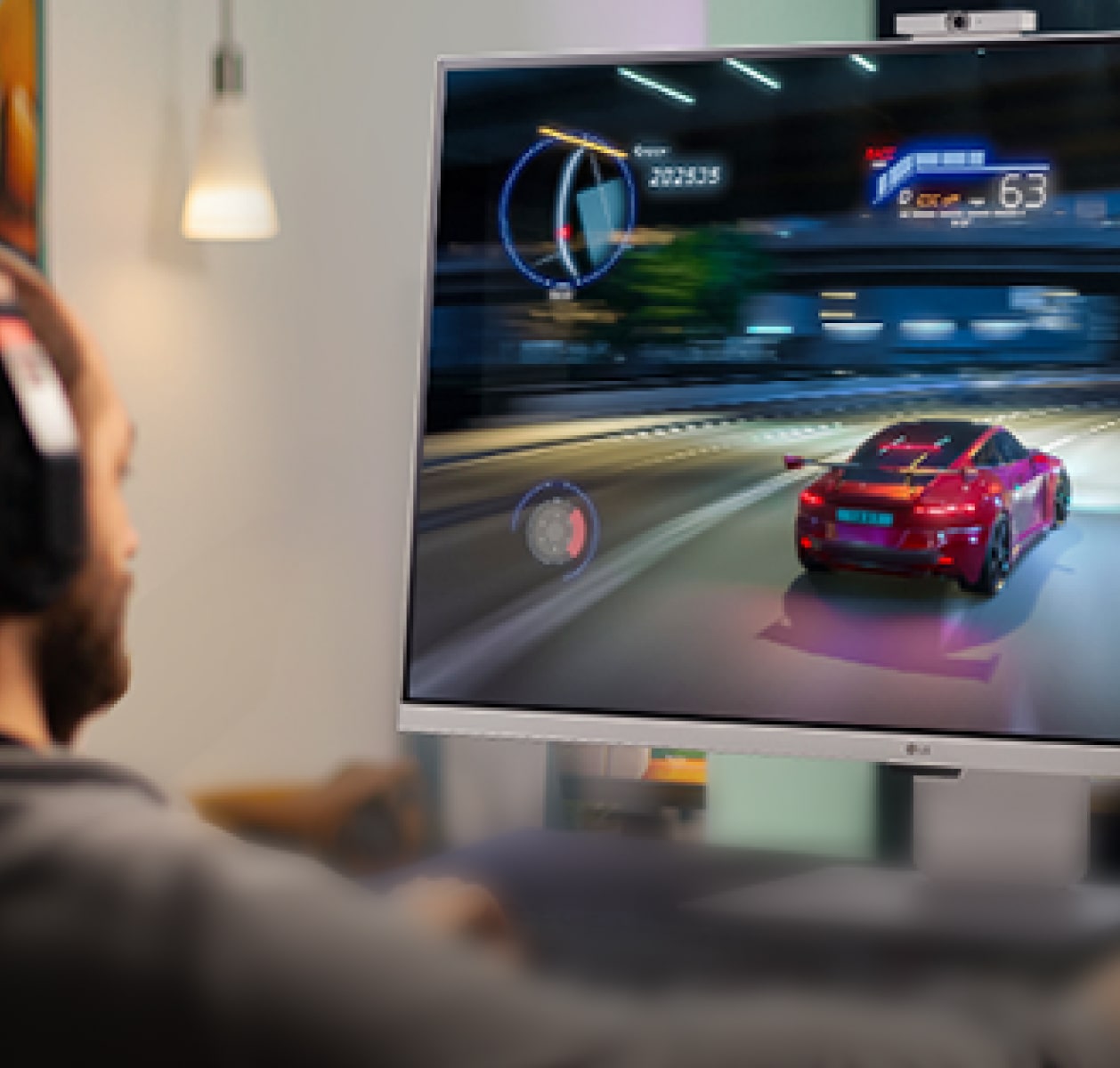 High-speed racing game displayed on LG Smart Monitor, highlighting gaming performance.