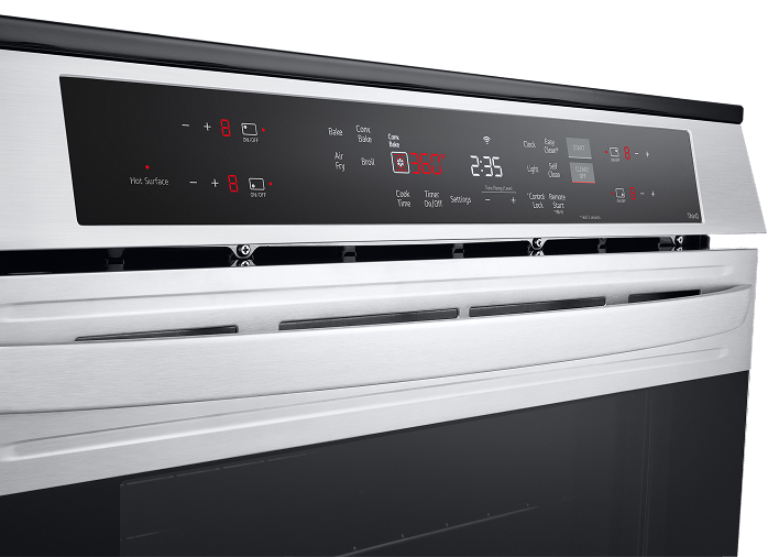LG induction range showing touch controls and digital display panel with the Energy Star certification badge.