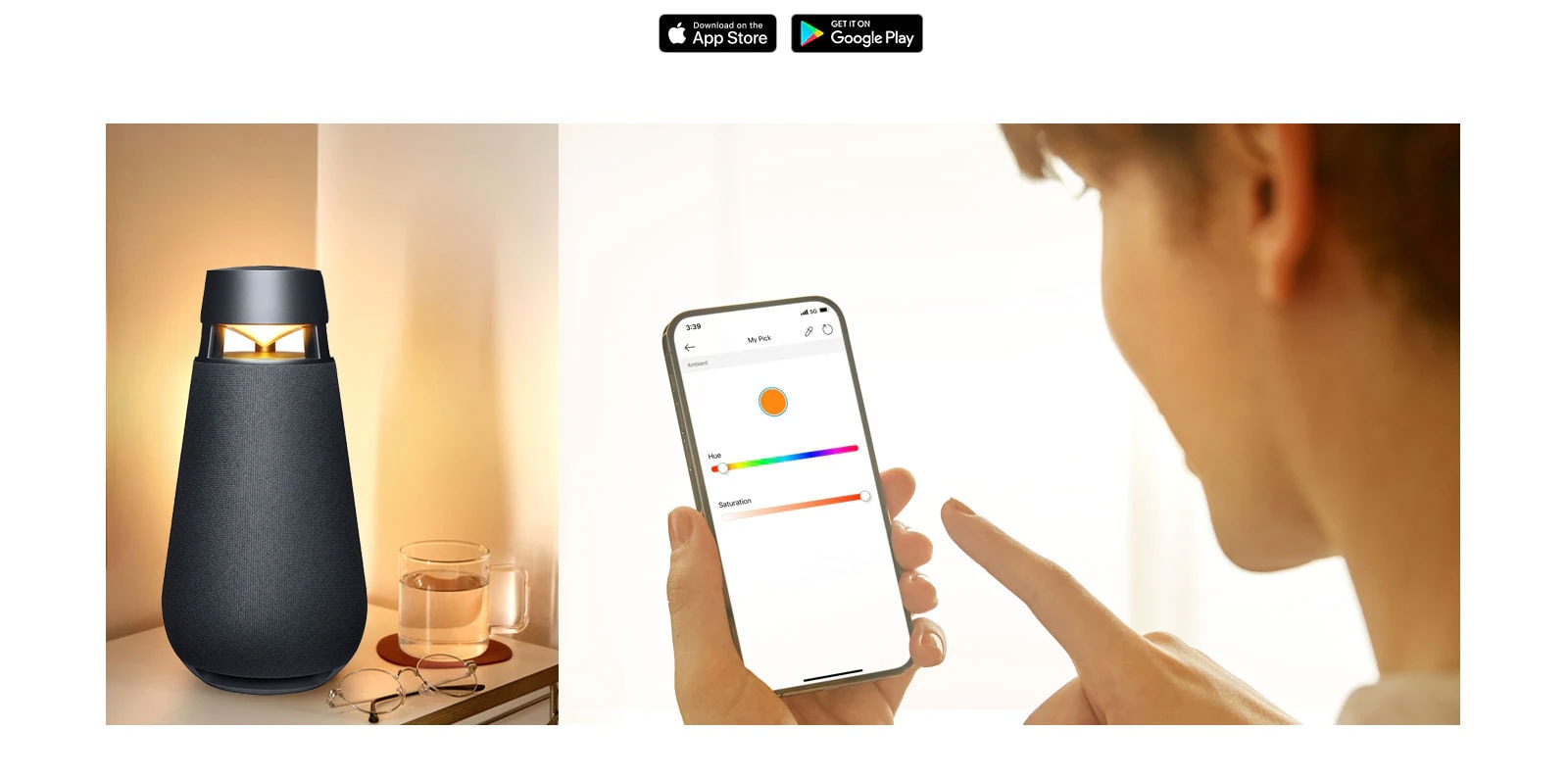 The XBOOM 360 Speaker on a table beside a cup of tea and a pair of glasses while a person controls the color of the light on the speaker from their phone.