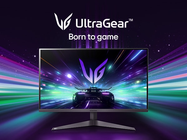 An image of a race car traveling at the speed of light inside an UltraGear monitor.