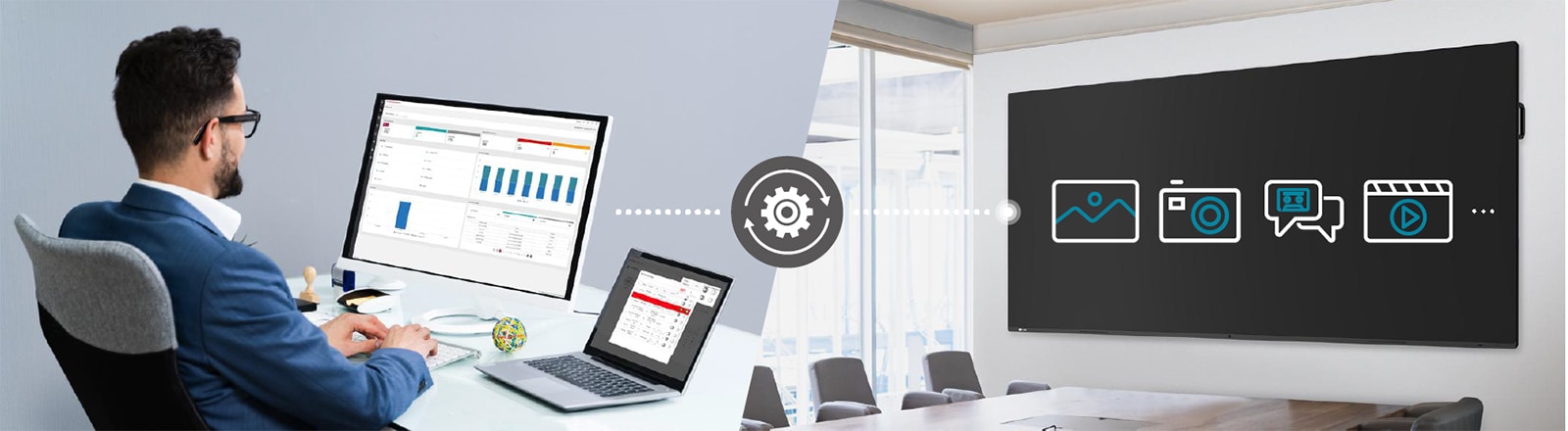 The IT administrator can remotely control and set up devices within the meeting room via LG Connecte…