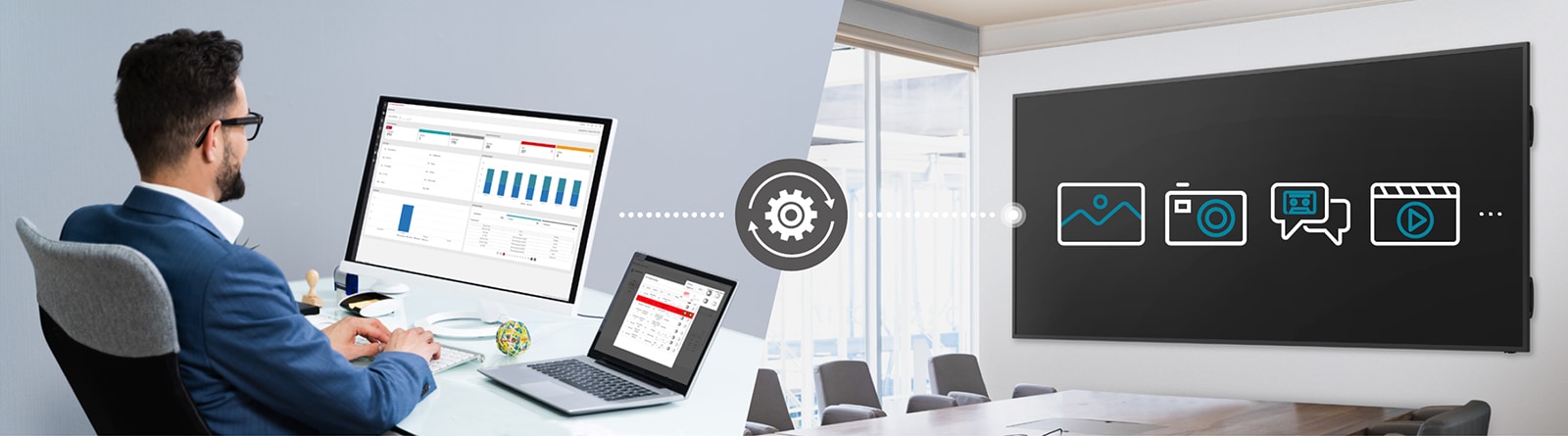 The IT administrator can remotely control and set up devices within the meeting room via LG Connecte…