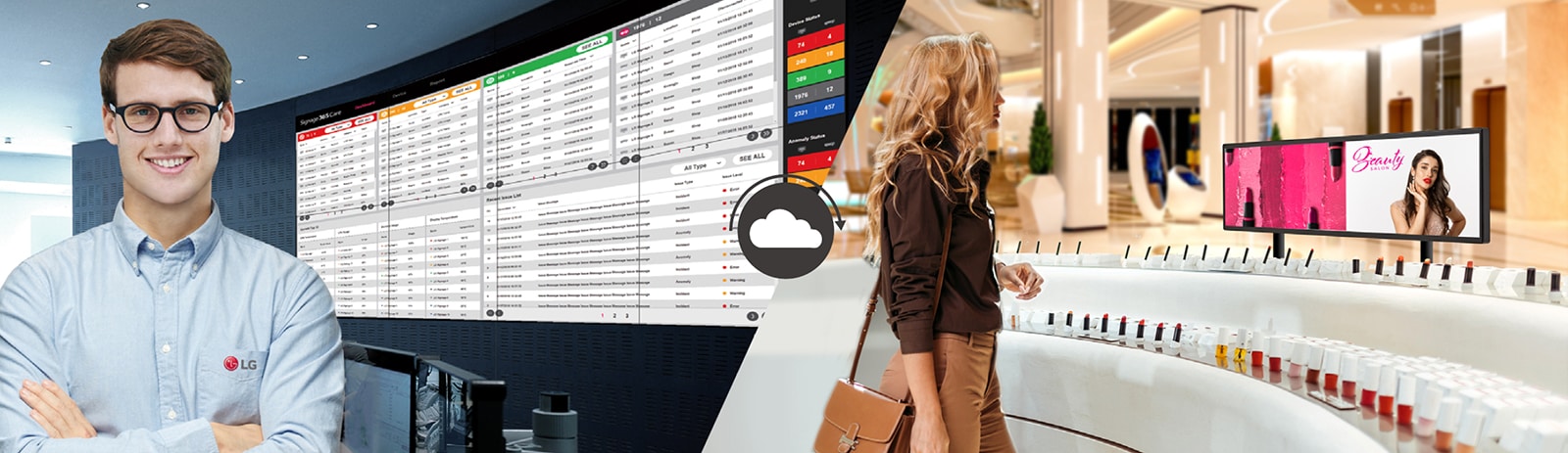 The one of LG employee is remotely monitoring the 37BH7N-M screen installed in a client workplace by using cloud-based LG monitoring solution, called LG ConnectedCare™.