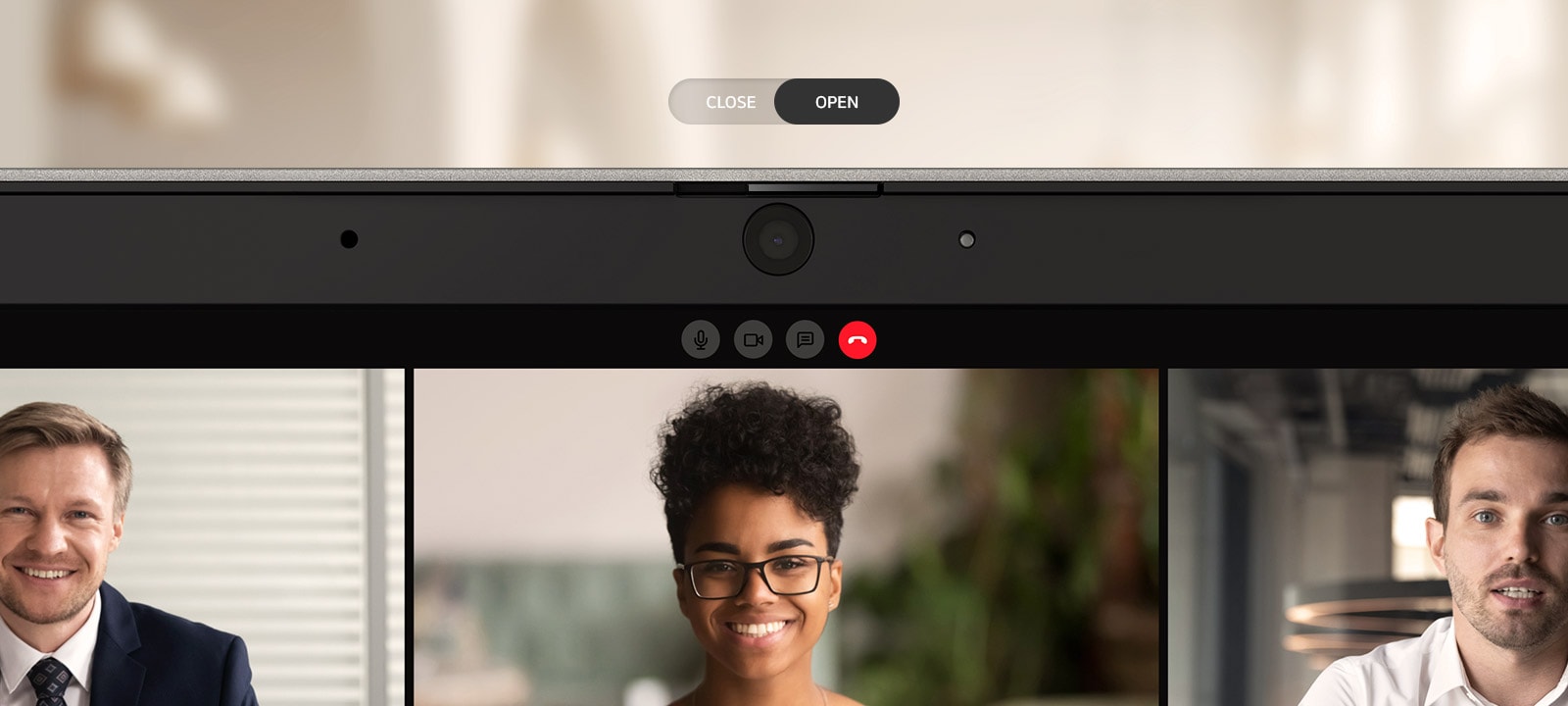 The video shows the laptop's webcam privacy feature. The "open" webcam is active with a light on, indicating it's in use while on a video call with three participants. You can close the webcam right away by sliding the shutter, and the screen will turn off immediately.