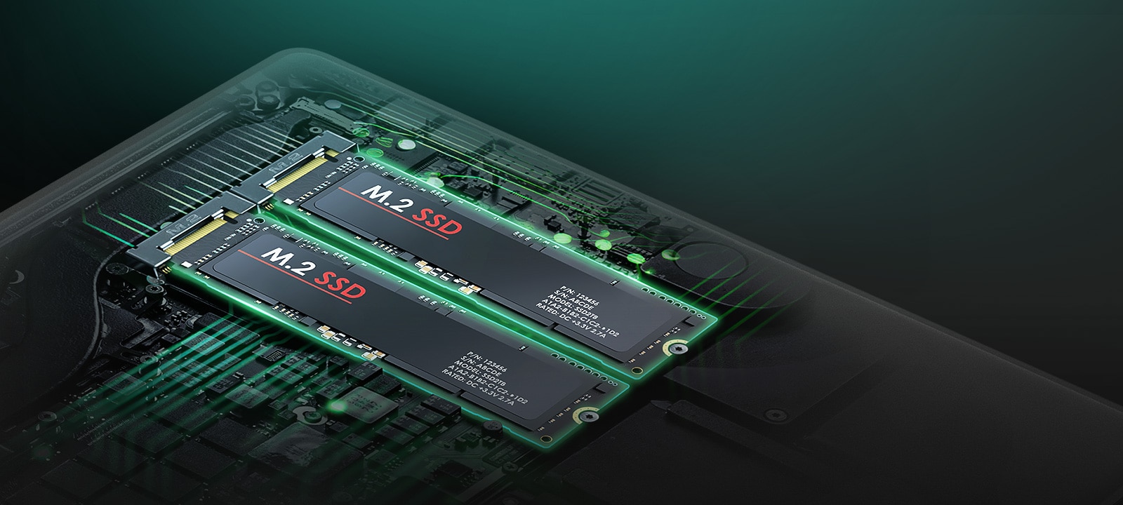 The image highlights the laptop's internal hardware, showcasing two M.2 SSDs installed side by side on the motherboard. The components are illuminated with a green glow, emphasizing the dual SSD configuration.