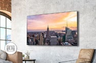 Luxury living room view of LG TV with city landscape on screen