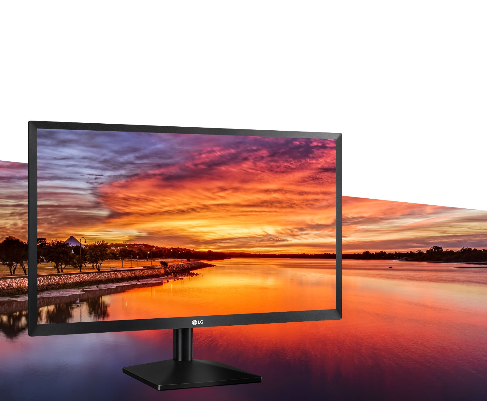 Image of a 22MN430M-B monitor on a background of a sunset and a river
