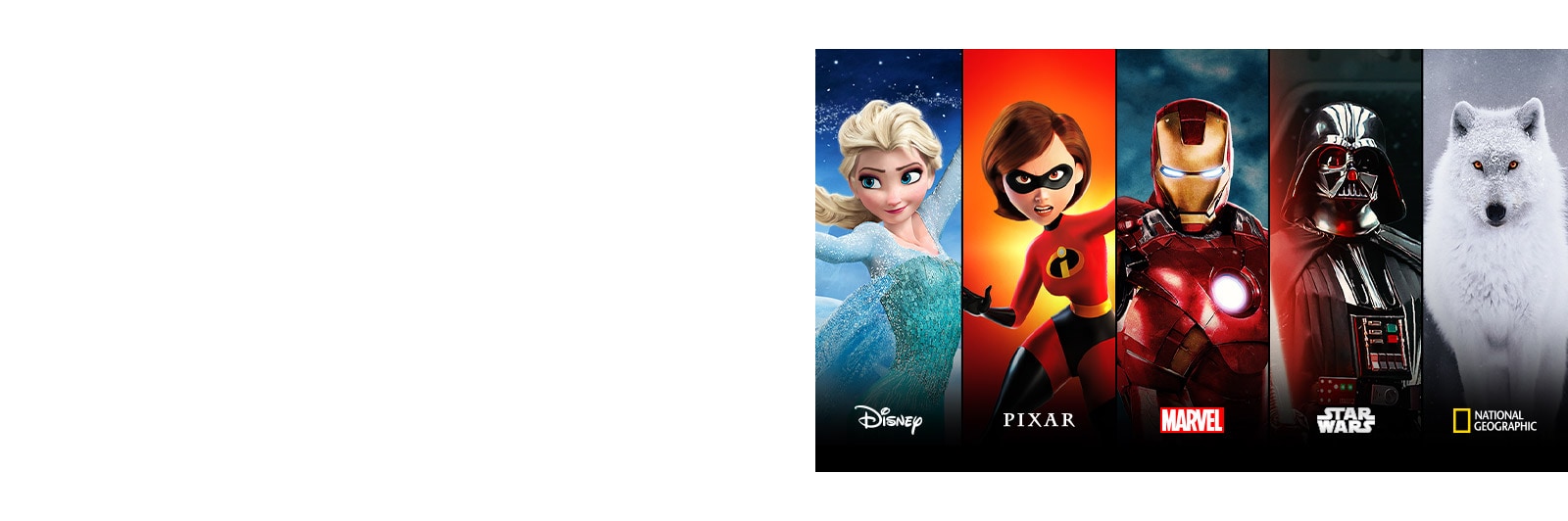 Disney Frozen, Pixar Incredibles, Marvel Iron Man, Star Wars, and National Geographic title cards