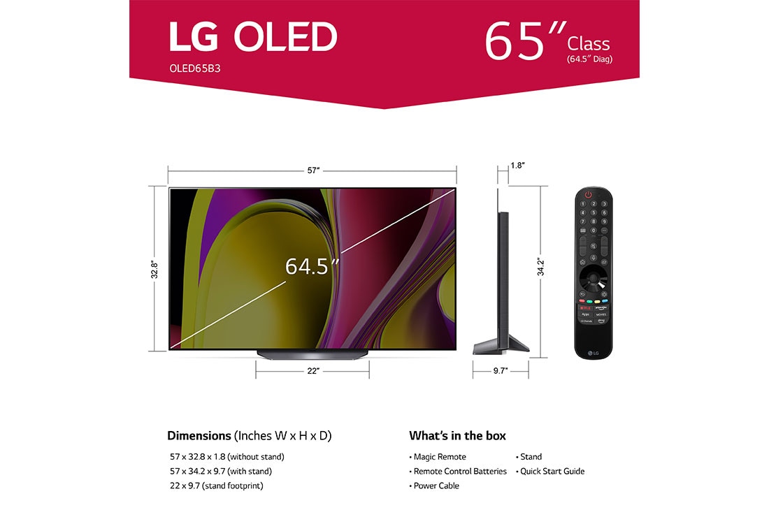 LG 65 Inch Class B3 Series OLED 4K UHD Smart WebOS 23 W/ ThinQ AI TV ...