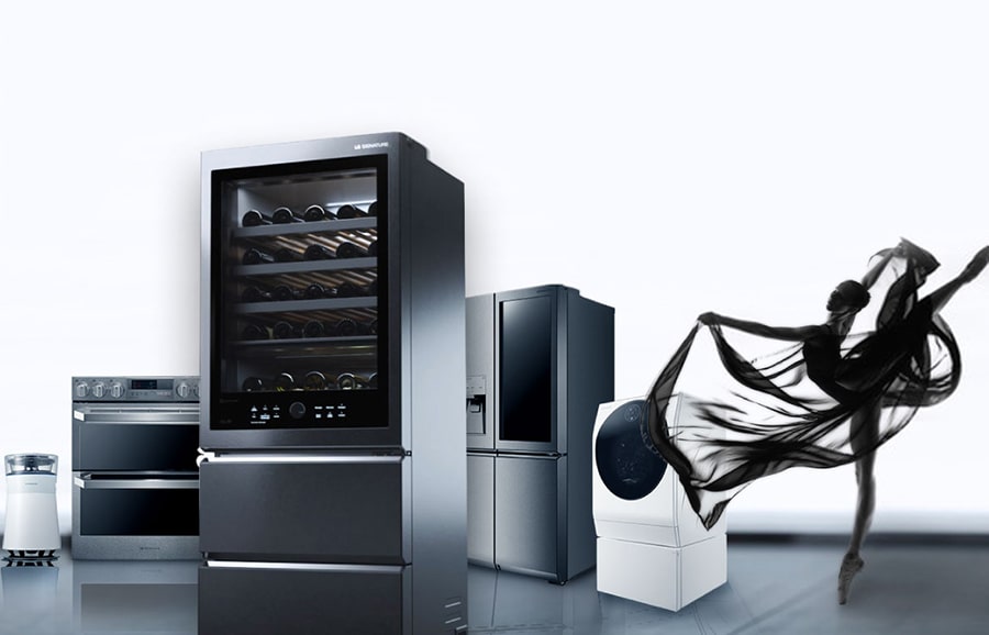 LG SIGNATURE Air Purifier, Oven, Wine Cellar, Refrigerator, Washing Machine are laid on the floor with a ballet dancer.