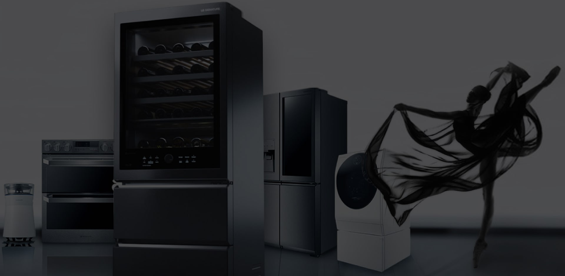 LG SIGNATURE Air Purifier, Oven, Wine Cellar, Refrigerator, Washing Machine are laid on the floor with a ballet dancer.