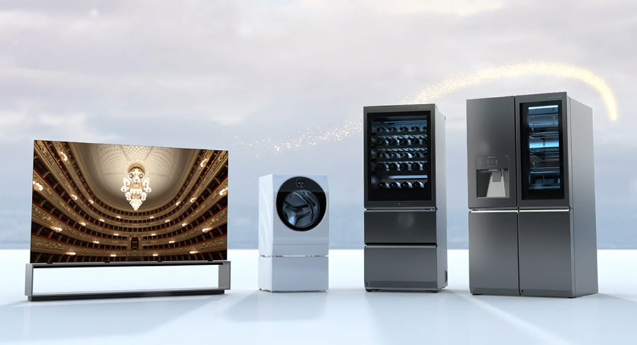 LG SIGNATURE OLED 8K TV, Washing Machine, Wine Cellar, and Refrigerator are placed on the floor with white background.