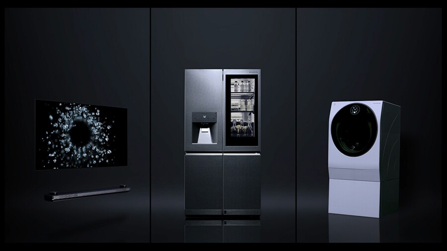 LG SIGNARUE OLED TV W, Refrigerator, and Washing Machine with black background image.