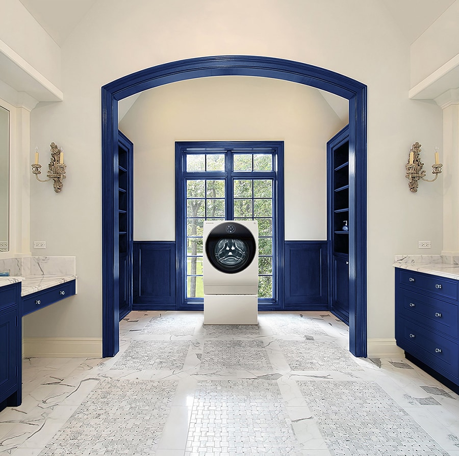 LG SIGNATURE Washing Machine is placed on the laundry room, which is decorated by the color of classic blue and white marble.