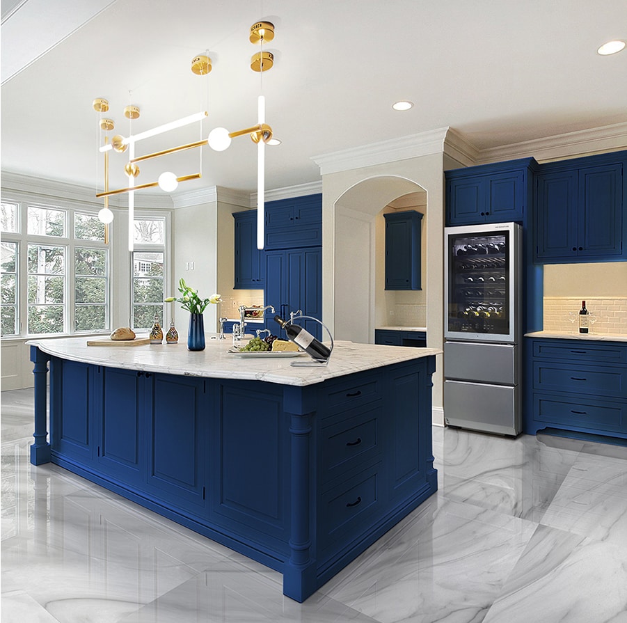 LG SIGNATURE Wine Cellar is placed on the kitchen, which is decorated by the color of classic blue and white marble.