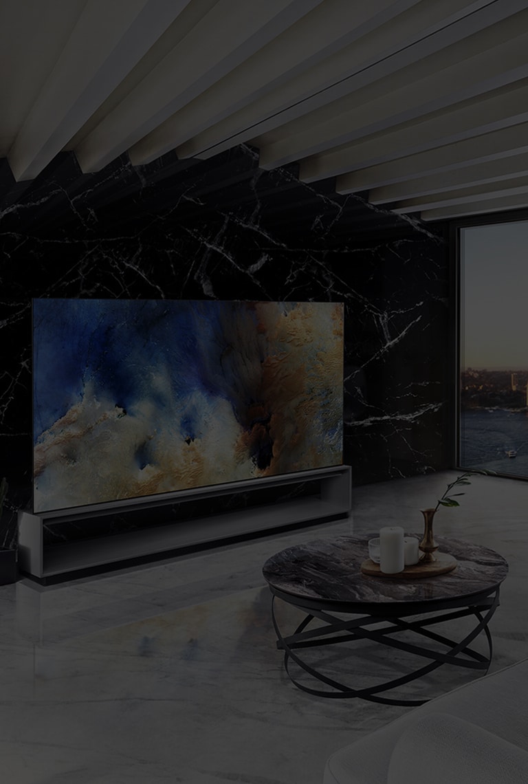 LG SIGNATURE OLED 8K TV is placed on the living room, which is decorated by Spanish Marquina Black Marble, with the city backdrop.
